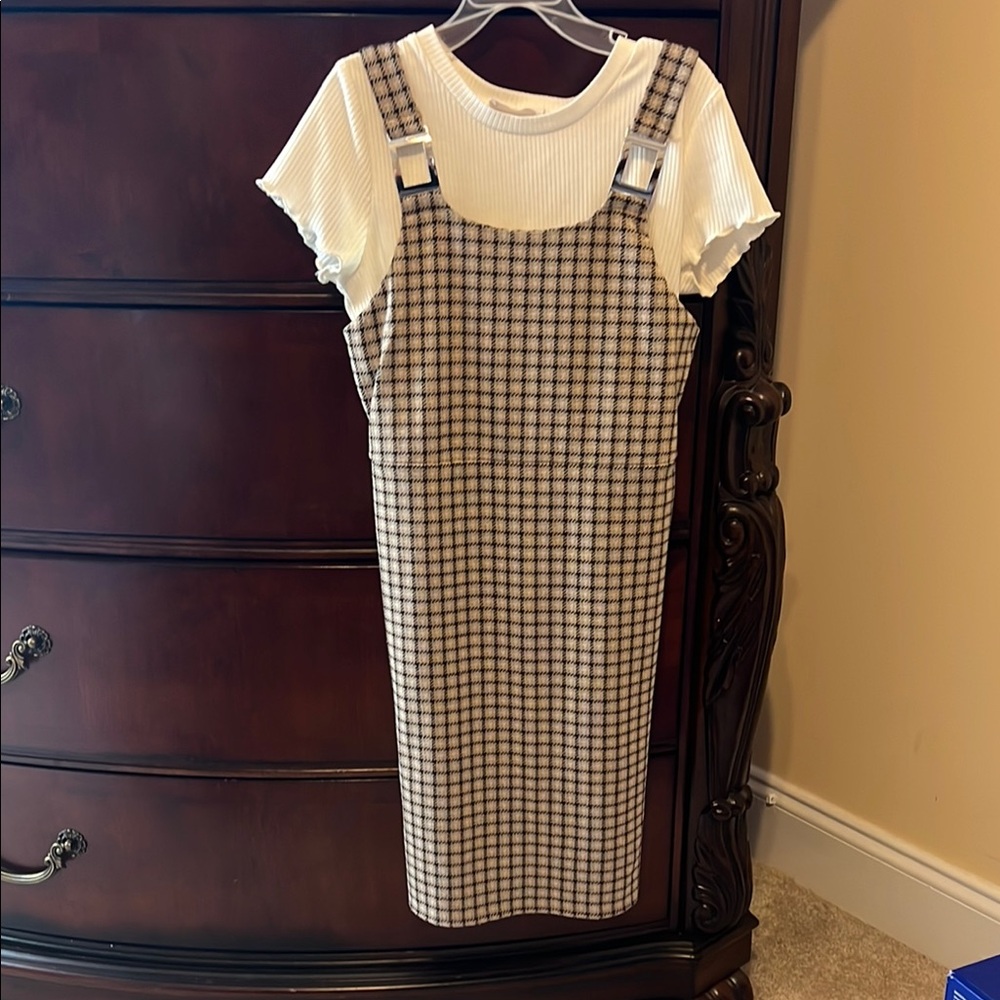 Beautees Plaid Pinafore with Ribbed White Top
